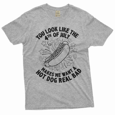 Men's Funny 4th of July Hot Dog T-shirt Fourth patriotic funny humorous text wiener hot dog tee