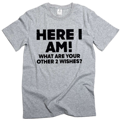 Men's Funny Here I am what are your other 2 wishes T-shirt humorous conversation starter graphic tee