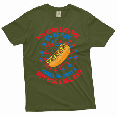 Men's Funny 4th of July Hot Dog T-shirt Fourth patriotic funny humorous text wiener hot dog tee