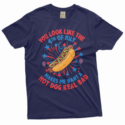 Men's Funny 4th of July Hot Dog T-shirt Fourth patriotic funny humorous text wiener hot dog tee