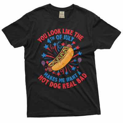 Men's Funny 4th of July Hot Dog T-shirt Fourth patriotic funny humorous text wiener hot dog tee