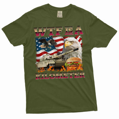 Men's Funny 4th of July WTF is a Kilometer T-shirt sarcastic sarcasm fourth patriotic USA flag tee