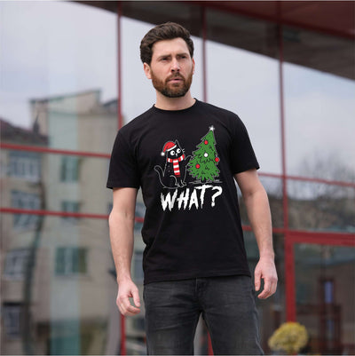 Funny Christmas Tree What Cat T-shirt humorous Xmas Pet Tee Shirt
