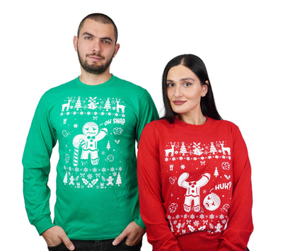 Couple Christmas funny outfits Men's Green Women's red ugly sweater party long sleeve shirts gingerbread cookies matching t-shirts