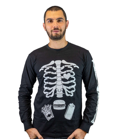 Glow in the Dark Men's Halloween Skeleton Long sleeve shirt ribcage bones funny food burger soda glowing shirt