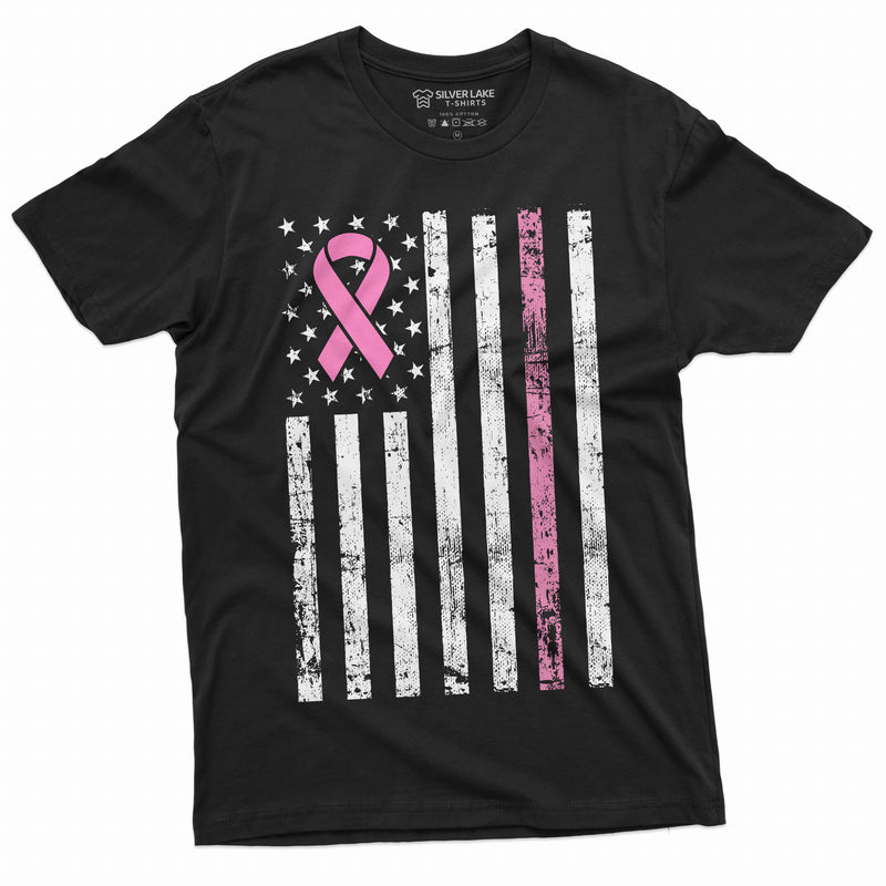 USA Flag Cancer awareness Ribbon T-shirt Mens Womens Unisex American Flag Awareness Tee Shirt Breast cancer day tee Shirt - SilverLakeTshirts