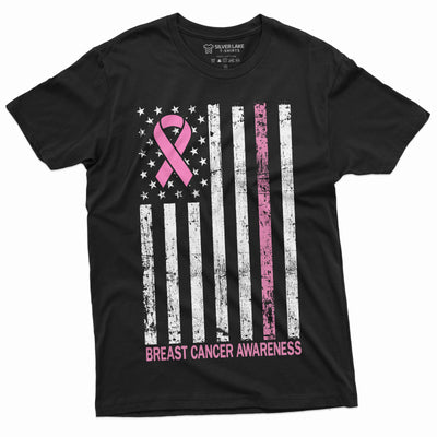 Breast Cancer Awareness T-shirt Cancer Ribbon USA Flag Awareness Day Tshirt Womens Unisex American Flag Cancer day Tee Shirt - SilverLakeTshirts