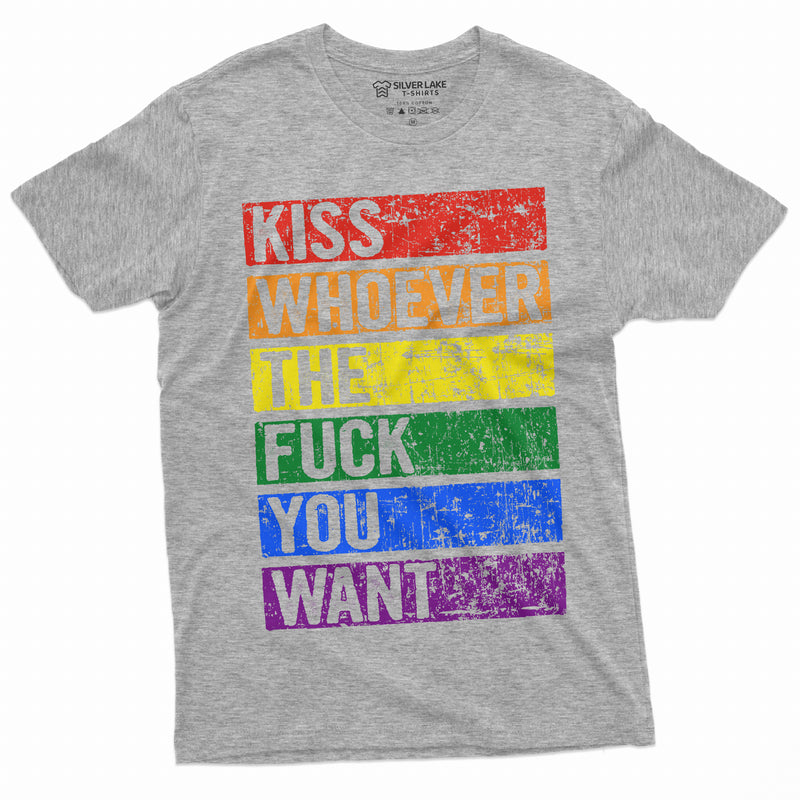 LGBTQ Gay Lesbian Pride Month T-shirt Kiss Whoever you Want Mens Unisex Womens Tee Shirt Pride Flag Shirt