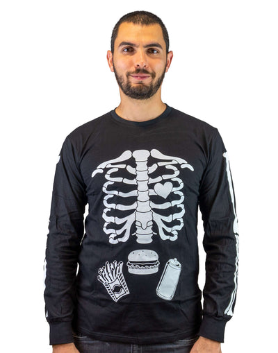 Glow in the Dark Men's Halloween Skeleton Long sleeve shirt ribcage bones funny food burger soda glowing shirt