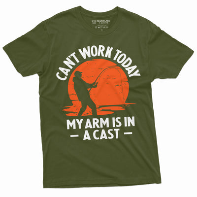 Men's Funny Fishing T-shirt Can't Work today my arm is in a cast Fisherman Cool Tee Shirt Father's day Dad Papa Grandpa Tee For Him