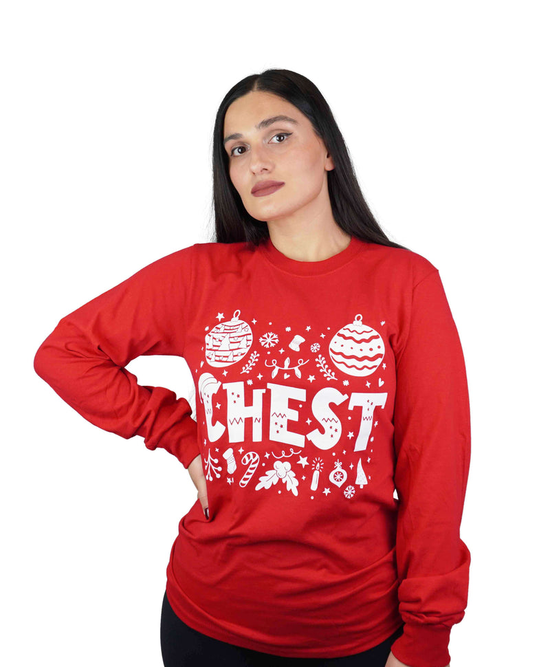 Couple matching green red long sleeve shirts Christmas funny Chestnuts Chest Nuts humorous ugly sweater party t-shirts