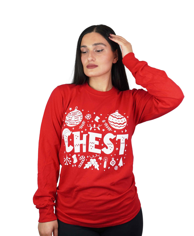 Couple matching green red long sleeve shirts Christmas funny Chestnuts Chest Nuts humorous ugly sweater party t-shirts