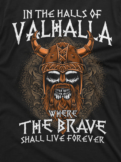 Men's Halls of Valhalla Viking T-shirt Skull Helmet Norse Mythology Nordic Tee