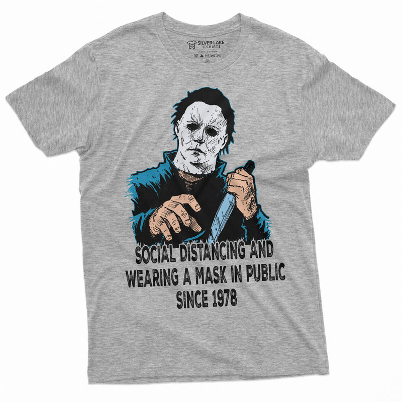 Social Distancing and Wearing Mask Funny Halloween Horror T-shirt Michael Myers Mens Funny Tee Shirt