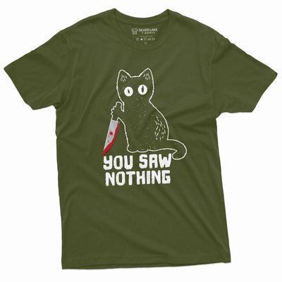 Men's Funny Cat T-shirt you saw nothing cat with bloody knife Halloween humorous cat tee shirt