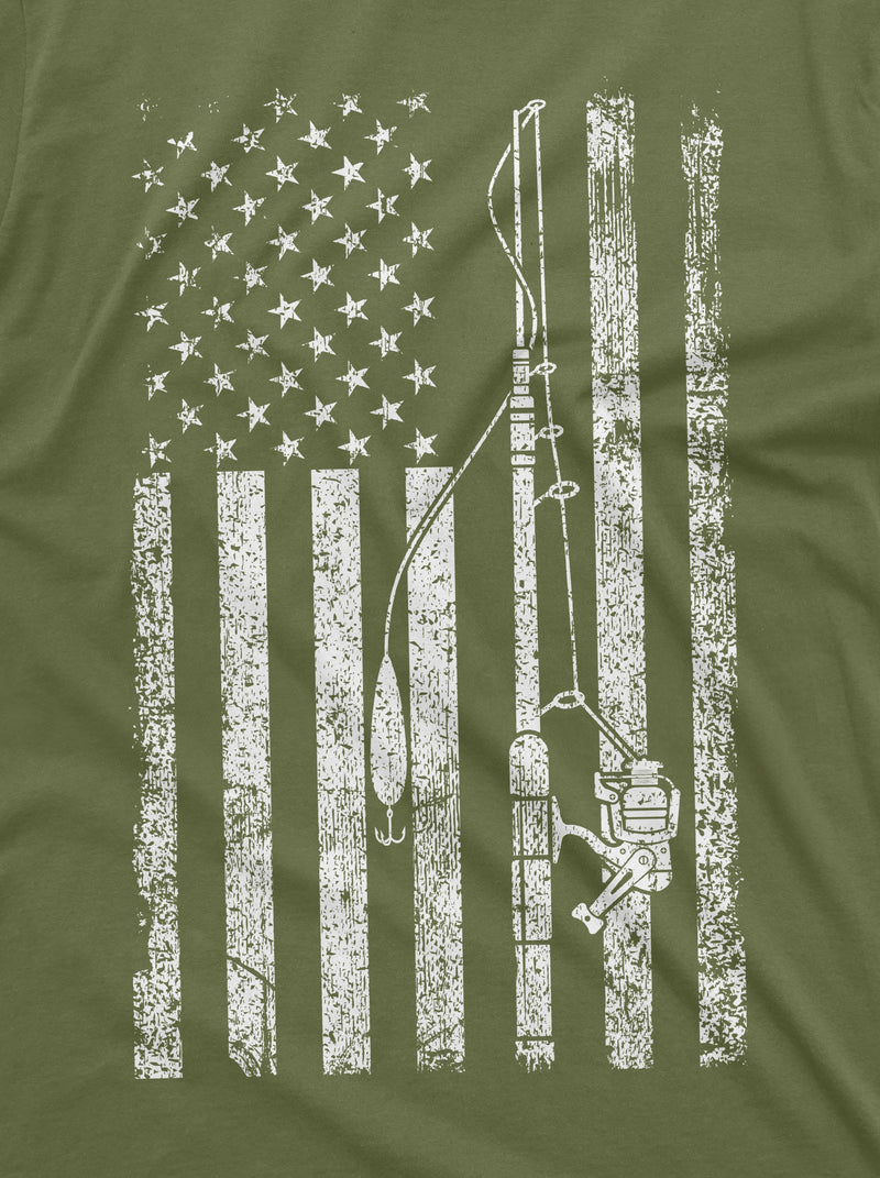 Mens USA American Fish Flag T Shirt Fishing Pole Rod Reel Tshirt Military Green Patriotic US Fisherman apparel for Men