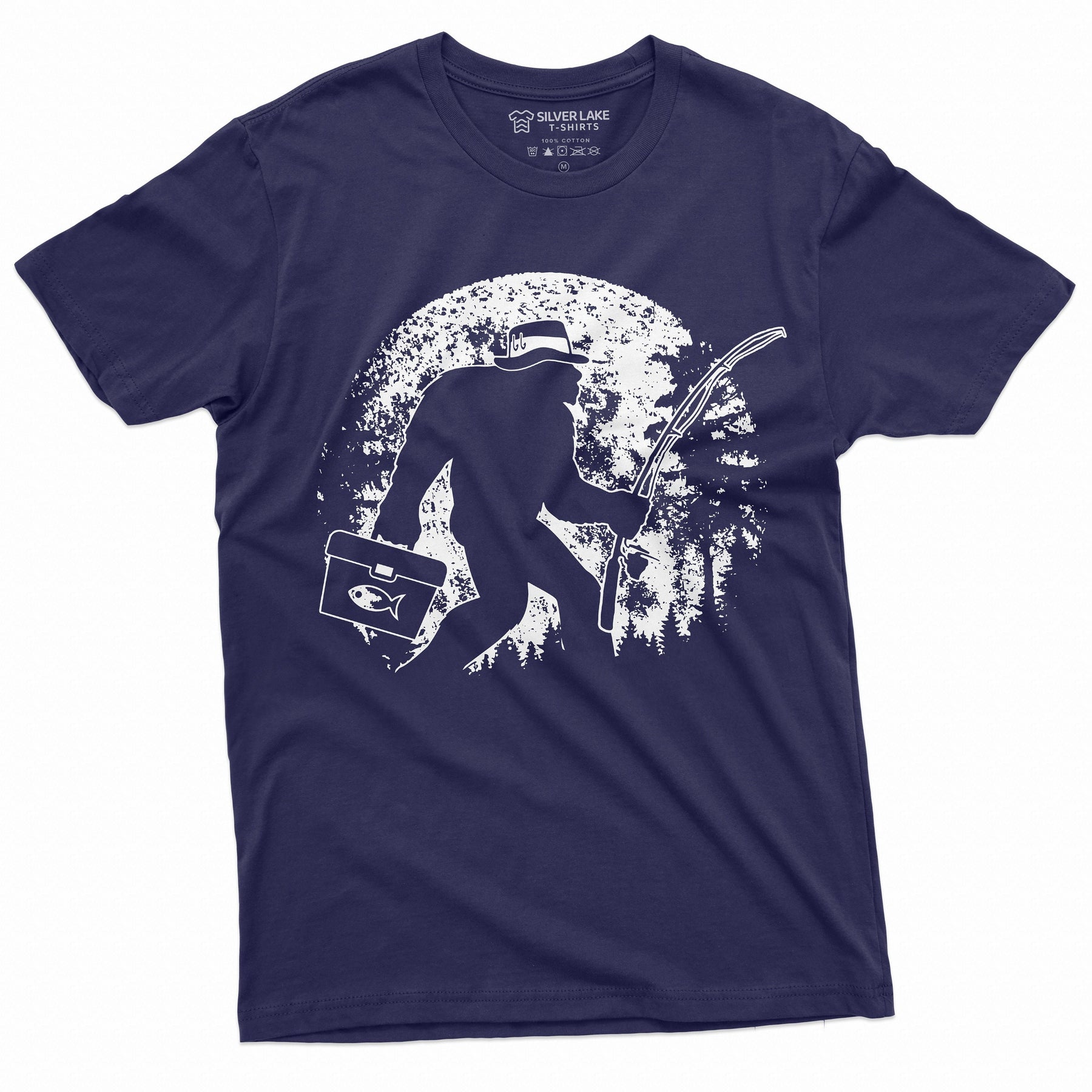 Men's Fishing Bigfoot T-Shirt | Fisherman Funny Outdoor Pole Rod Fish Sasquatch Tshirt | Unique Birthday Gift Idea Shirt 4XL / Navy Blue