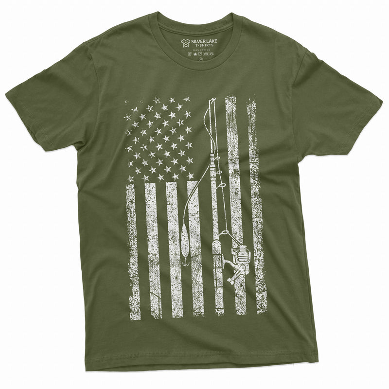 Mens USA American Fish Flag T Shirt Fishing Pole Rod Reel Tshirt Military Green Patriotic US Fisherman apparel for Men