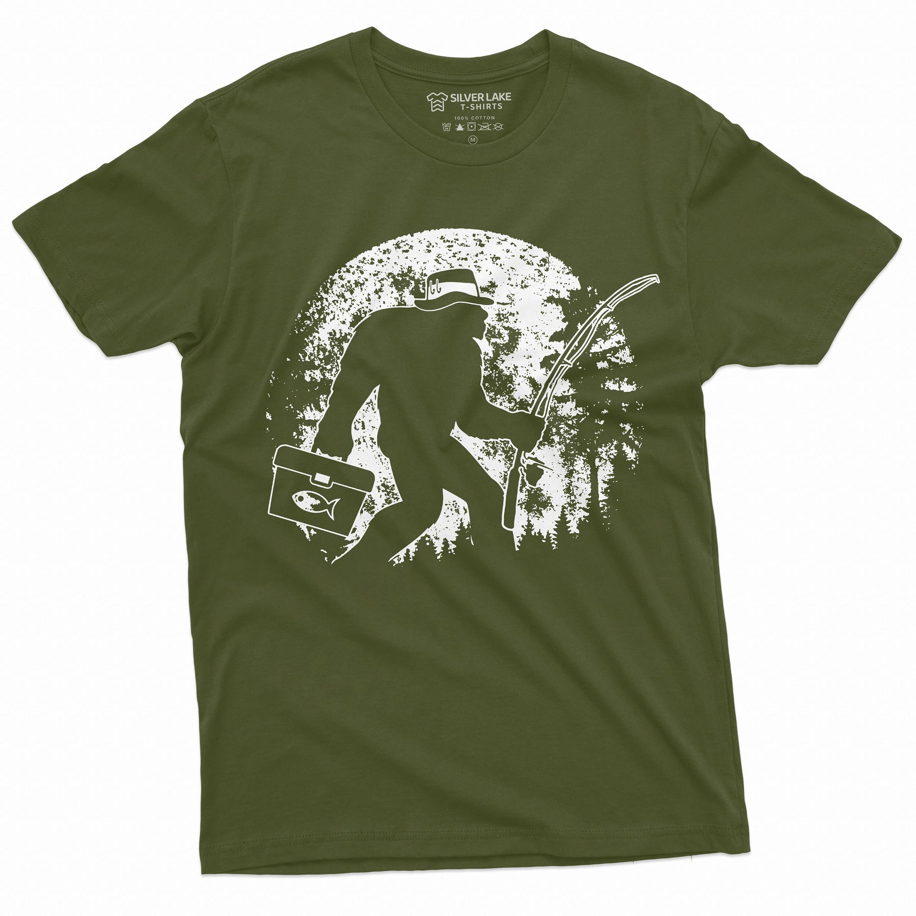 Men's Fishing Bigfoot T-Shirt | Fisherman Funny Outdoor Pole Rod Fish Sasquatch Tshirt | Unique Birthday Gift Idea Shirt M / Military Green