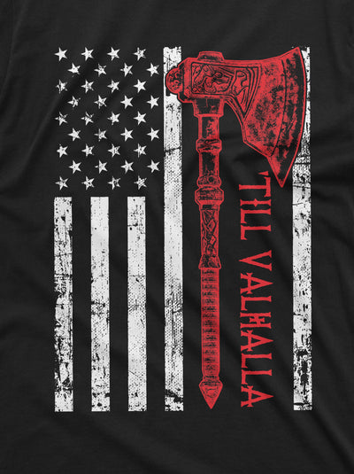 Men's Viking Till Valhalla USA Flag T-shirt American Flag with Axe Nordic Viking Thor odin Tshirt Birthday Gift Idea for Man