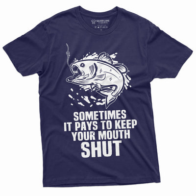 Mens Funny Fishing Tee Shirt Fisherman Gifts Humorous Fish Tee Sometimes it pays to keep your mouth Shut Tee For Him