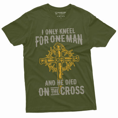 Men's Jesus Christian T-shirt Faith Church Cross Shirt Birthday Gift for Him Her Tee I only kneel for one Man Jesus Christ Tee