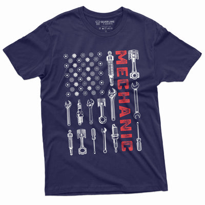Men's Mechanic USA Flag Garage Shirt Tools Bolts American Patriotic Mechanical Flag Shirt