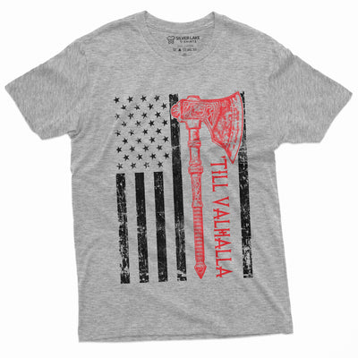 Men's Viking Till Valhalla USA Flag T-shirt American Flag with Axe Nordic Viking Thor odin Tshirt Birthday Gift Idea for Man