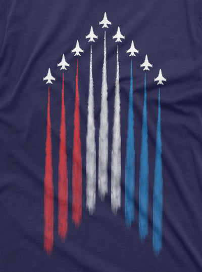 Men's 4th of July Jet Flyover USA Flag Tee Shirt Patriotic American Flag colors Tee Unisex Womens Mens Tees