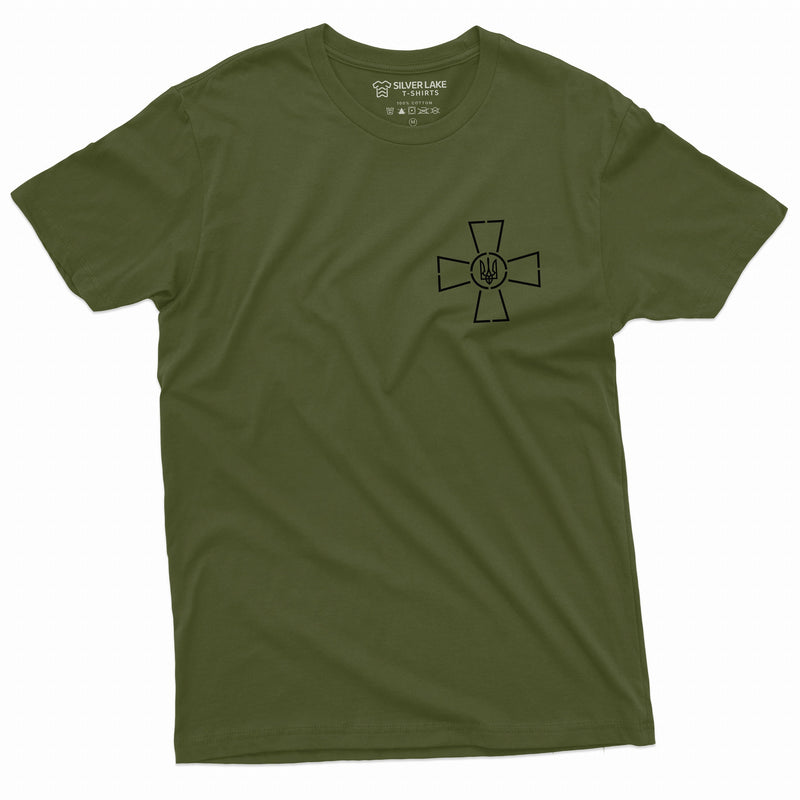 Armed Forces of Ukraine Emblem T-shirt ZSU Mens Tee Shirt Camo Military Green President Zelenskyy Cross and Trident log Tee
