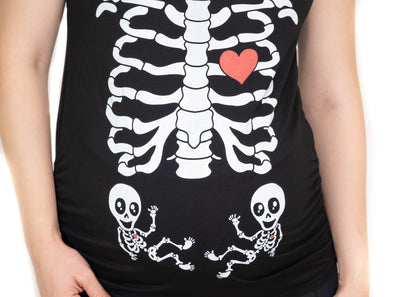 Maternity Twins T-shirt Skeleton Halloween Twin babies Shirt for new Mom Costume Ribcage X-ray Bones Cute Pregnancy Top For her