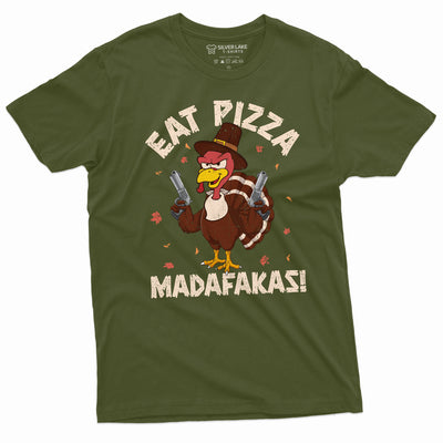 Men's Funny Thanksgiving T-shirt Eat Pizza Madafakas Turkey with guns Holiday Tee