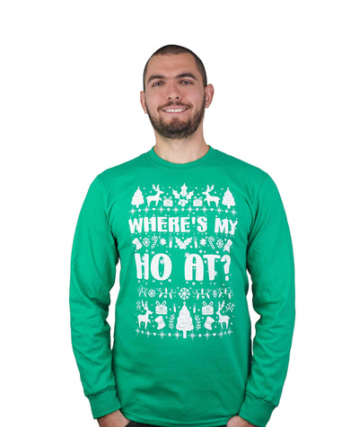 Christmas funny matching outfits where's me ho at men's green women's red long sleeve shirts ugly sweater party t-shirts