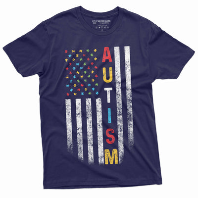 US Flag Autism colors T-shirt autism awareness day men's tee shirt patriotic USA Flag ASD day Tee