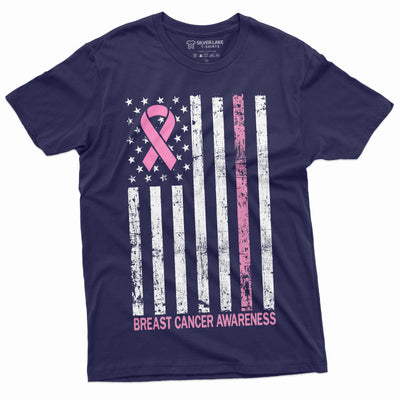 USA Flag Cancer awareness Ribbon T-shirt Mens Womens Unisex American Flag Awareness Tee Shirt Breast cancer day tee Shirt - SilverLakeTshirts