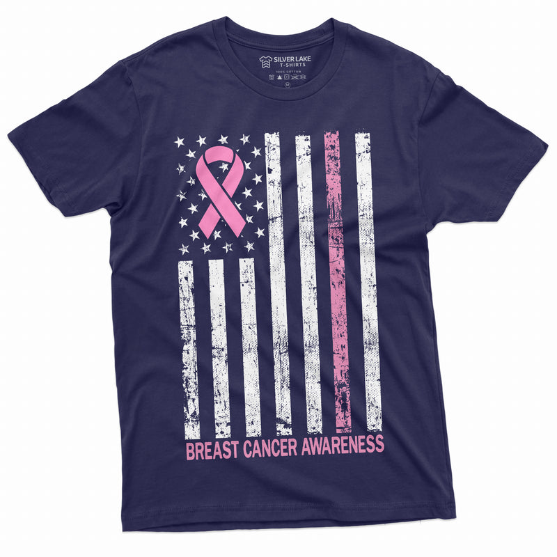 USA Flag Cancer awareness Ribbon T-shirt Mens Womens Unisex American Flag Awareness Tee Shirt Breast cancer day tee Shirt - SilverLakeTshirts