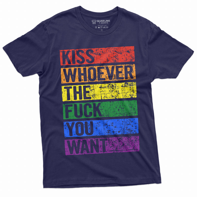 LGBTQ Gay Lesbian Pride Month T-shirt Kiss Whoever you Want Mens Unisex Womens Tee Shirt Pride Flag Shirt