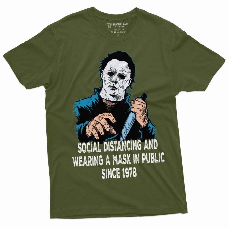 Social Distancing and Wearing Mask Funny Halloween Horror T-shirt Michael Myers Mens Funny Tee Shirt