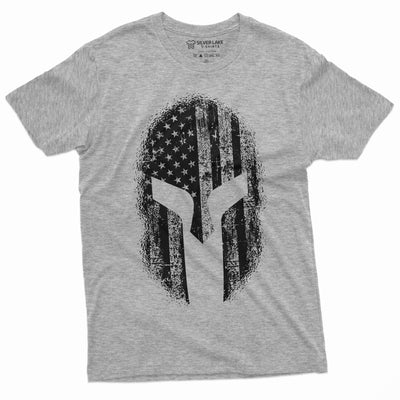 Men’s Spartan Helmet American Flag Tee Shirt Cool Warrior Helmet US 4th of July Birthday Gift ideas for Him