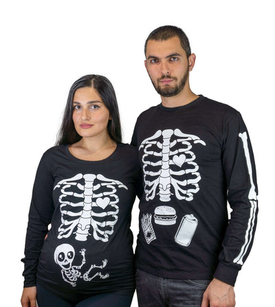 Halloween glow in the dark couple skeleton long sleeve shirts maternity pregnancy x-ray baby girl boy ribcage bones men's food burger shirt