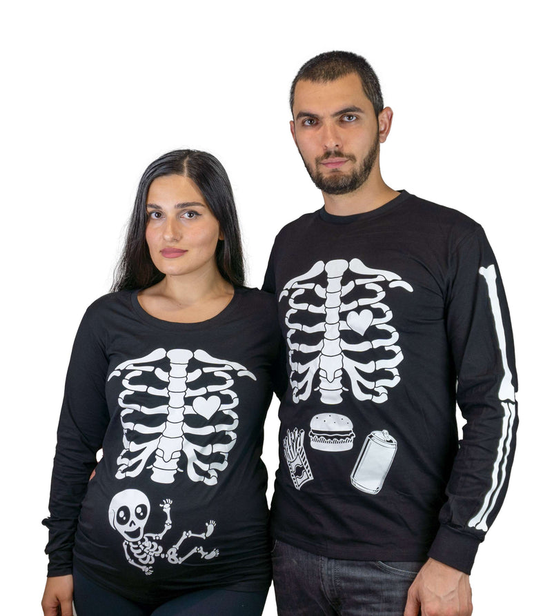 Halloween glow in the dark couple skeleton long sleeve shirts maternity pregnancy x-ray baby girl boy ribcage bones men&